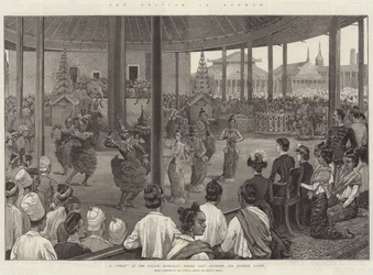 De Britten in Birma, een Pooay in het Paleis, Mandalay, voor Lady Dufferin en Birmese Dames